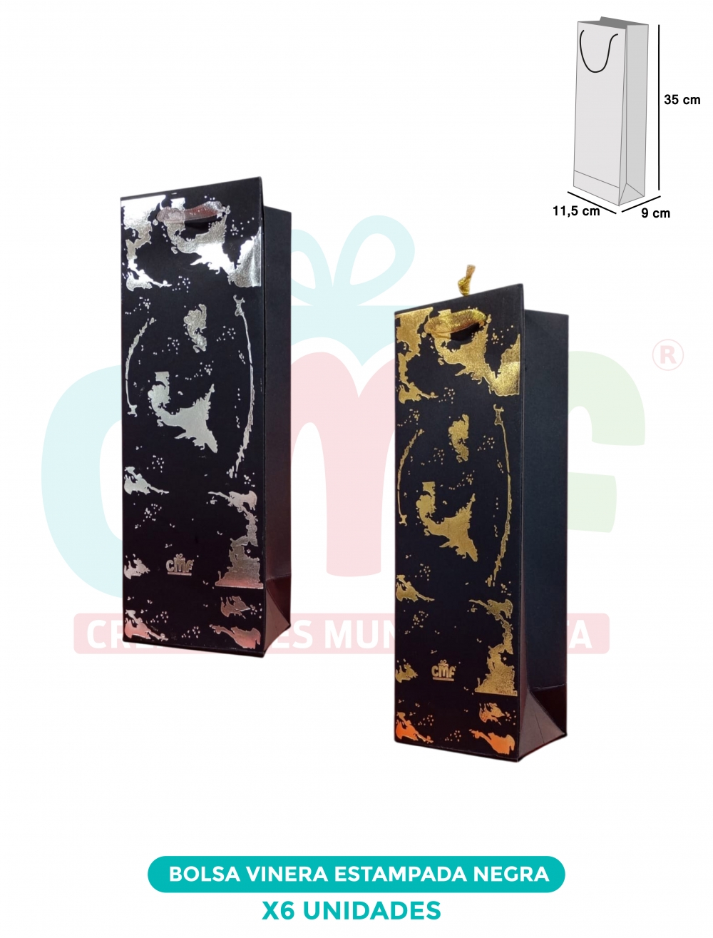 BOLSA VINERA ESTAMPADA NEGRA X6