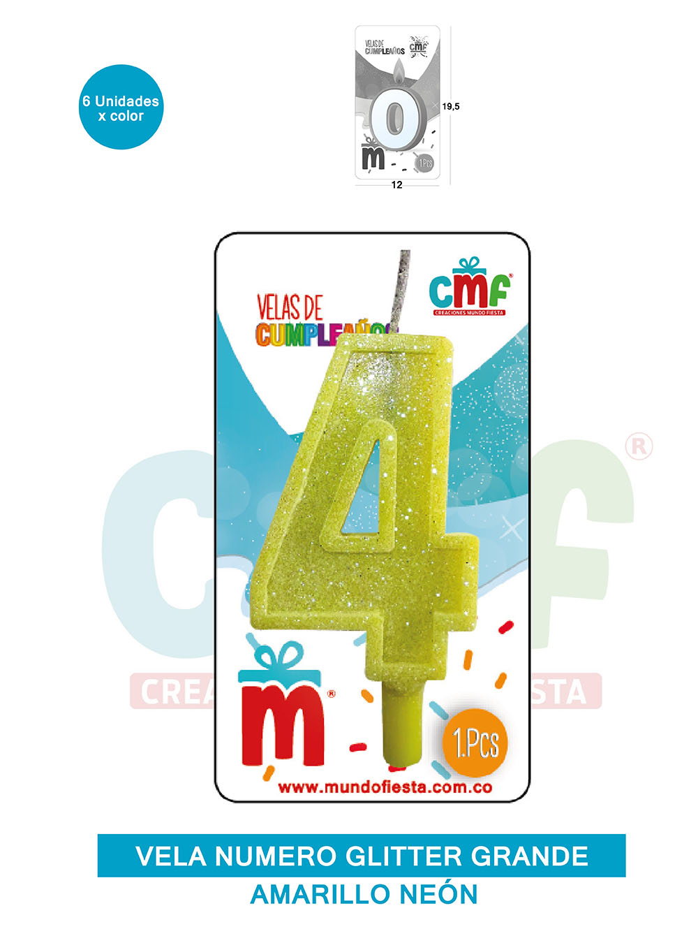 VELA ESCARCHADA NUMERO GRANDE  AMARILLO NEON 4