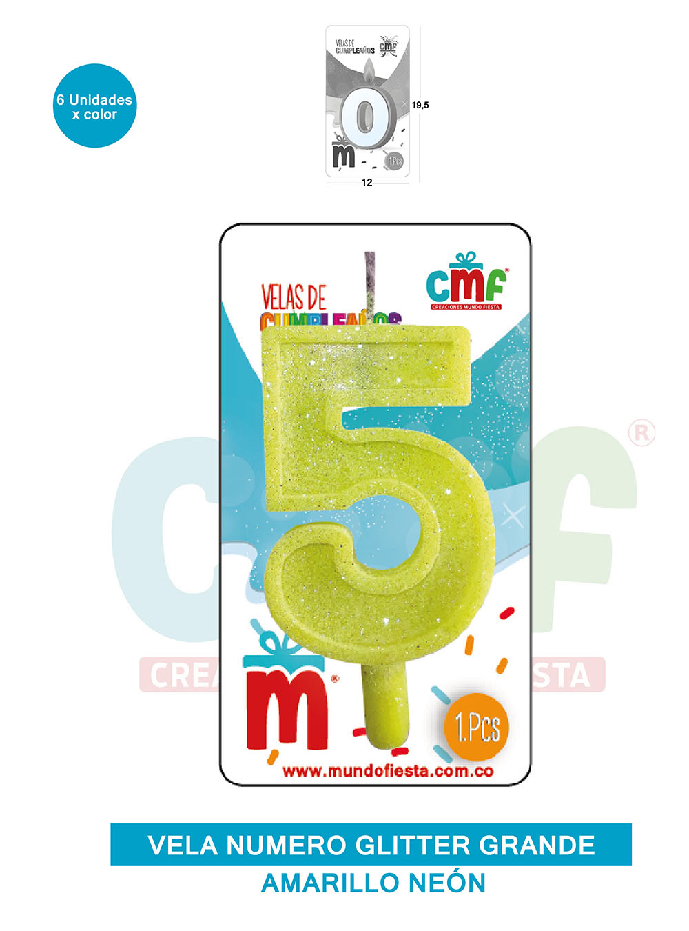 VELA ESCARCHADA NUMERO GRANDE  AMARILLO NEON 5