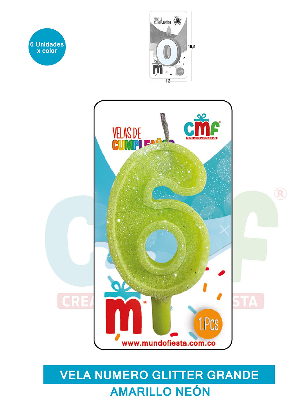 VELA ESCARCHADA NUMERO GRANDE  AMARILLO NEON 6