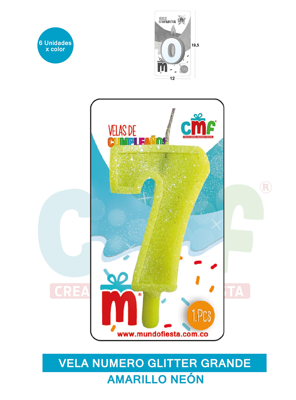 VELA ESCARCHADA NUMERO GRANDE  AMARILLO NEON 7