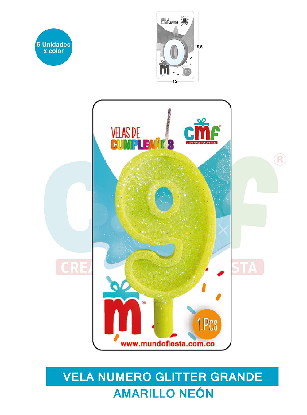 VELA ESCARCHADA NUMERO GRANDE  AMARILLO NEON 9