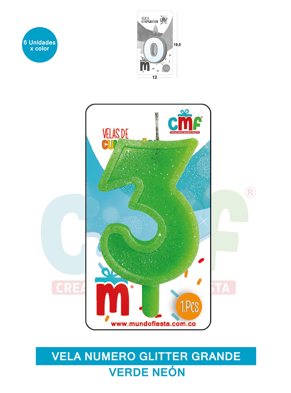 VELA ESCARCHADA NUMERO GRANDE  VERDE NEON 3