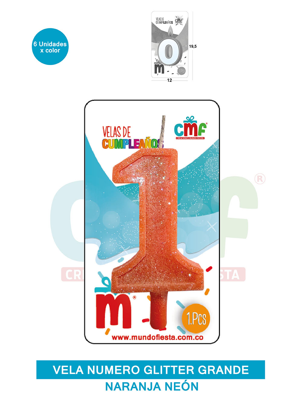 VELA ESCARCHADA NUMERO GRANDE  NARANJA NEON 1