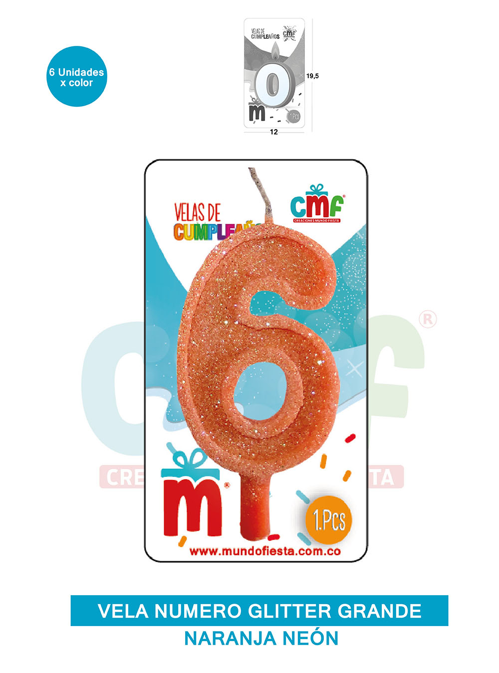 VELA ESCARCHADA NUMERO GRANDE  NARANJA NEON 6