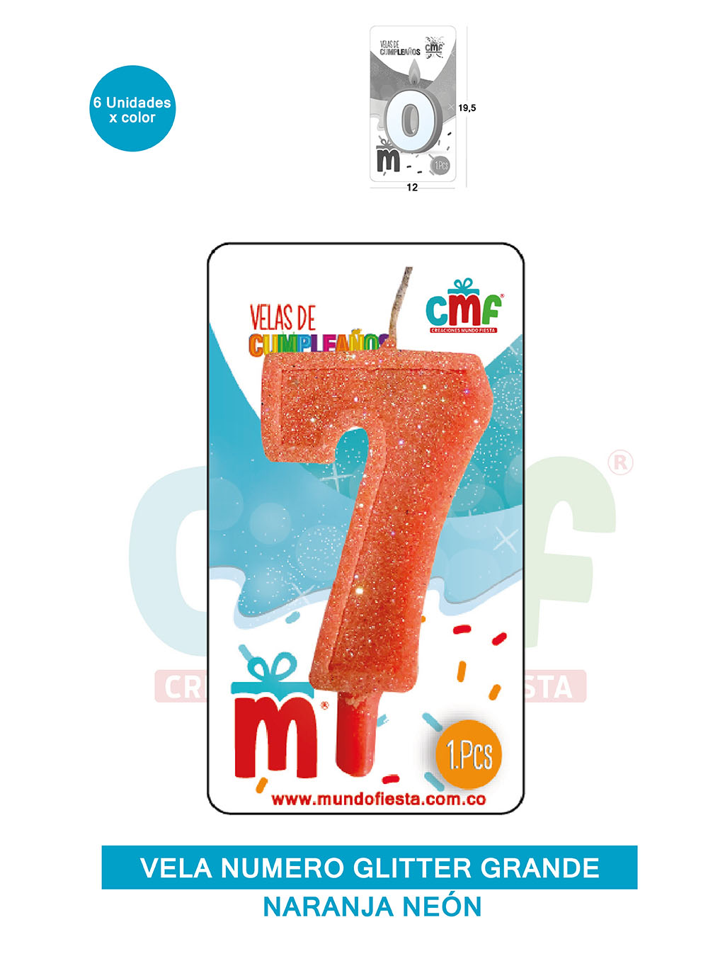 VELA ESCARCHADA NUMERO GRANDE  NARANJA NEON 7