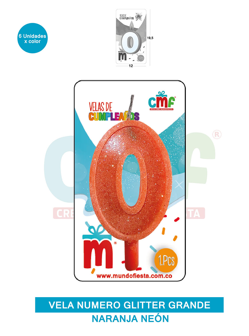 VELA ESCARCHADA NUMERO GRANDE  NARANJA NEON 0