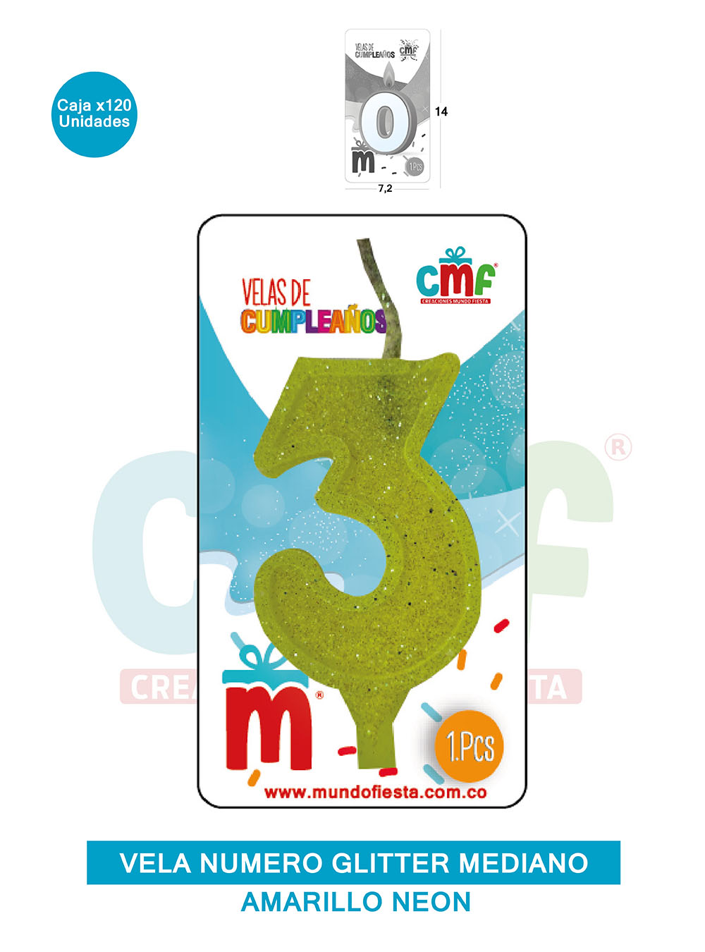 VELA ESCARCHADA  NUMERO MEDIANO AMARILLO NEON 3