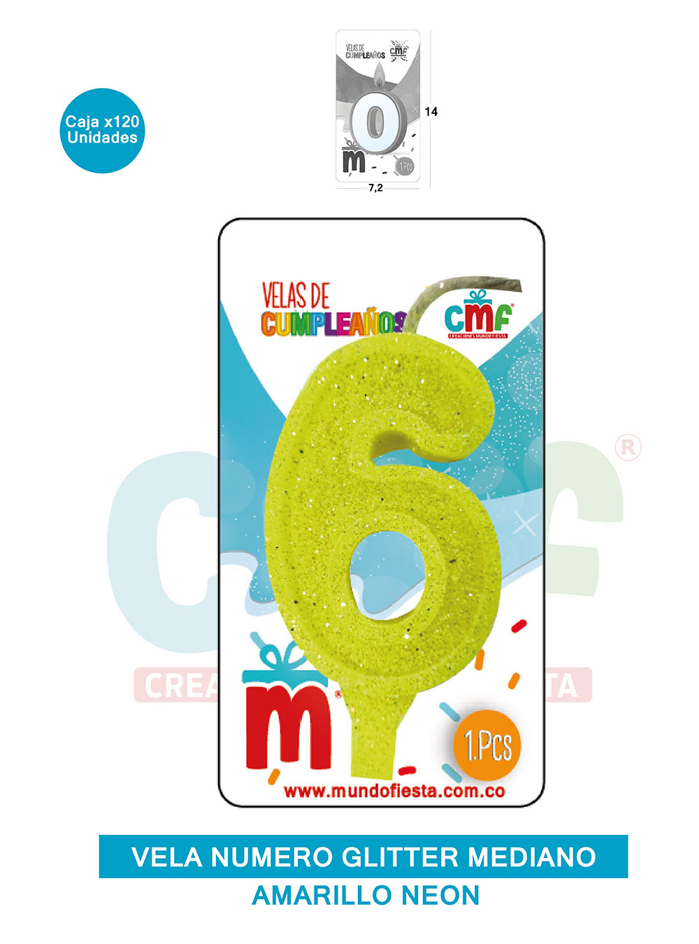 VELA ESCARCHADA  NUMERO MEDIANO AMARILLO NEON 6