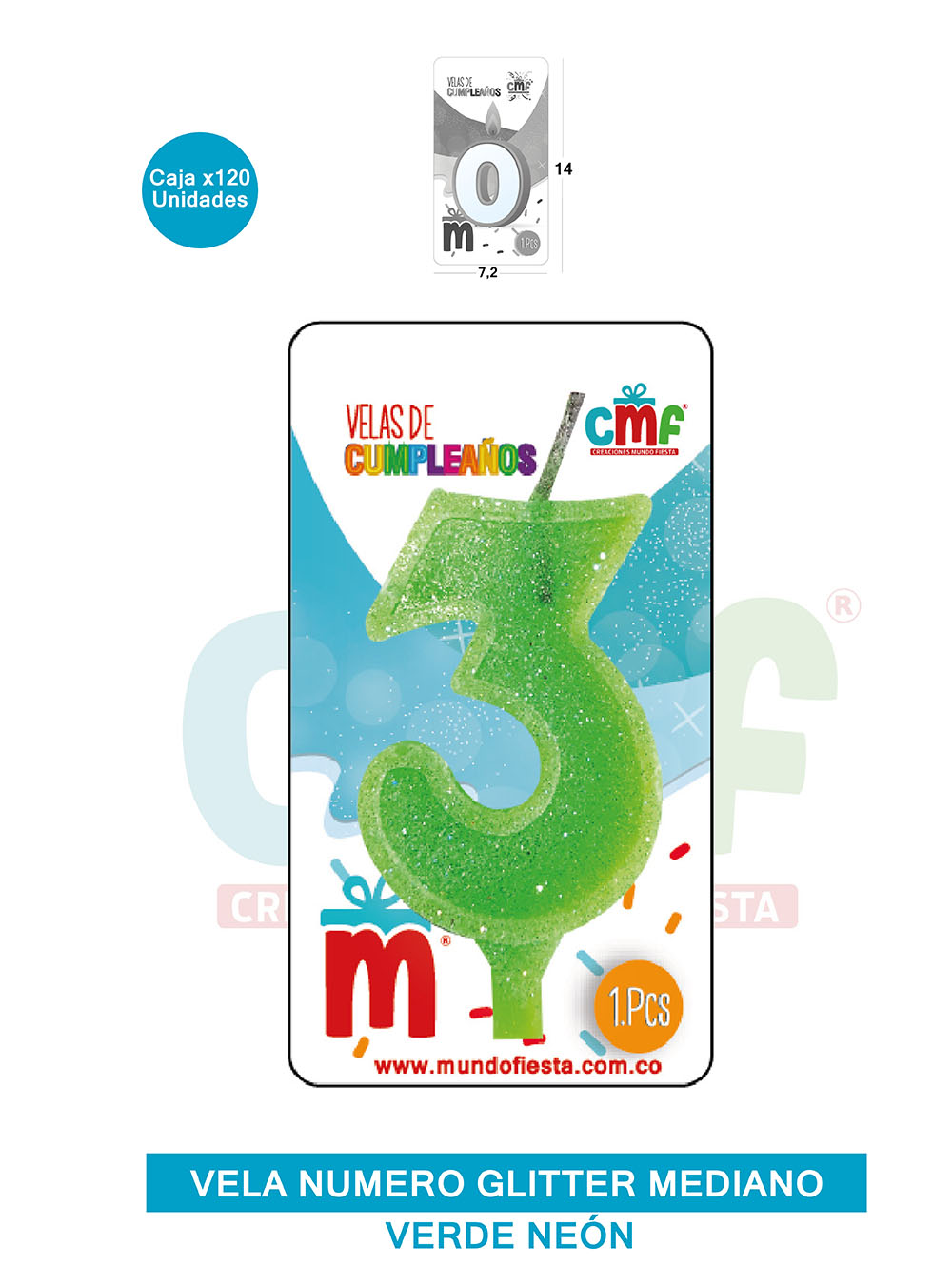 VELA ESCARCHADA  NUMERO MEDIANO VERDE NEON 3