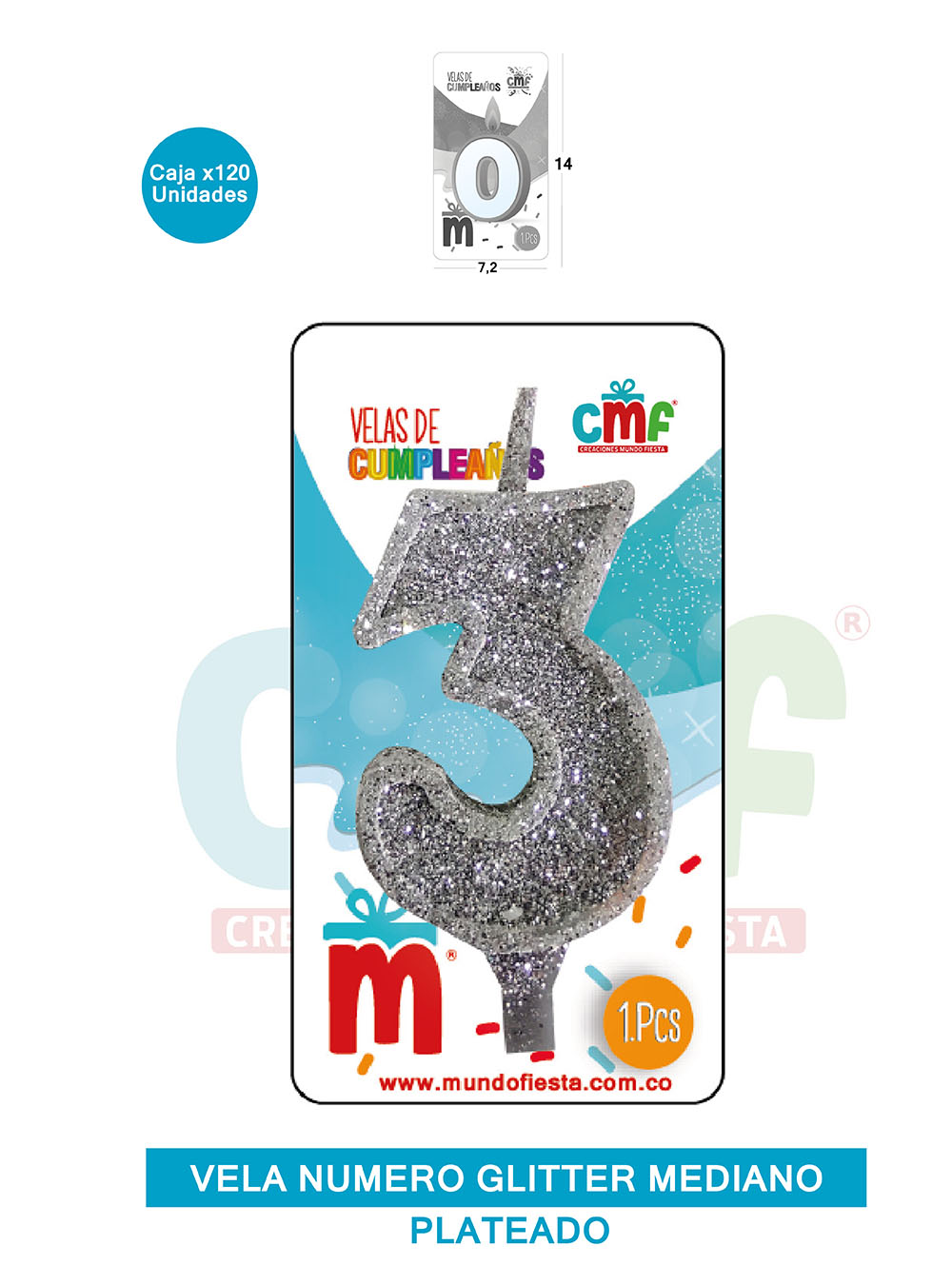 VELA ESCARCHADA  NUMERO MEDIANO PLATEADO 3