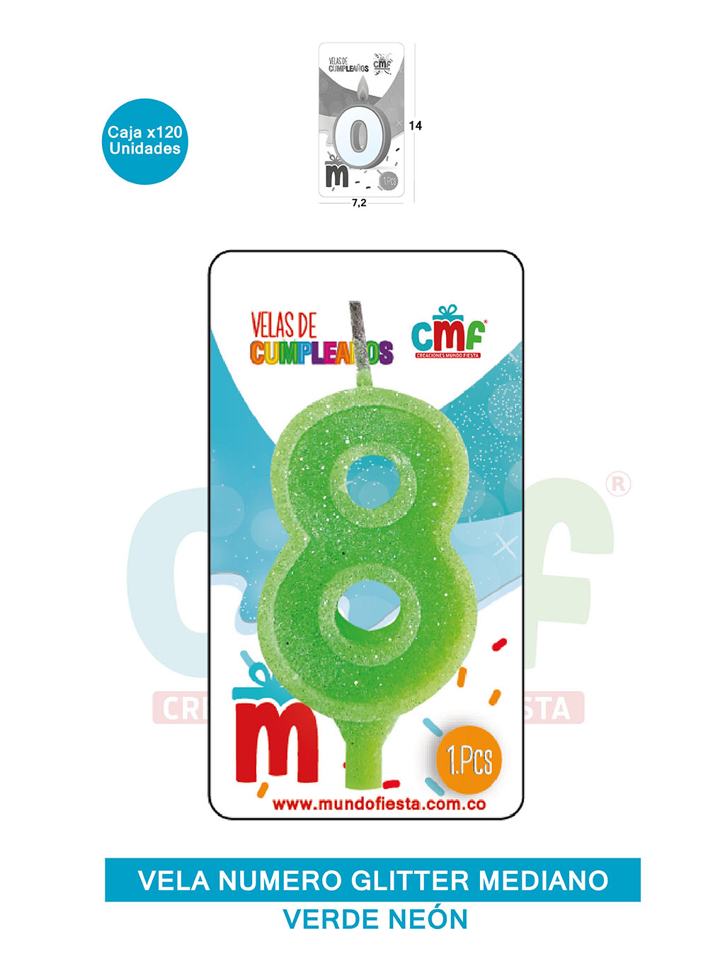 VELA ESCARCHADA  NUMERO MEDIANO VERDE NEON 8