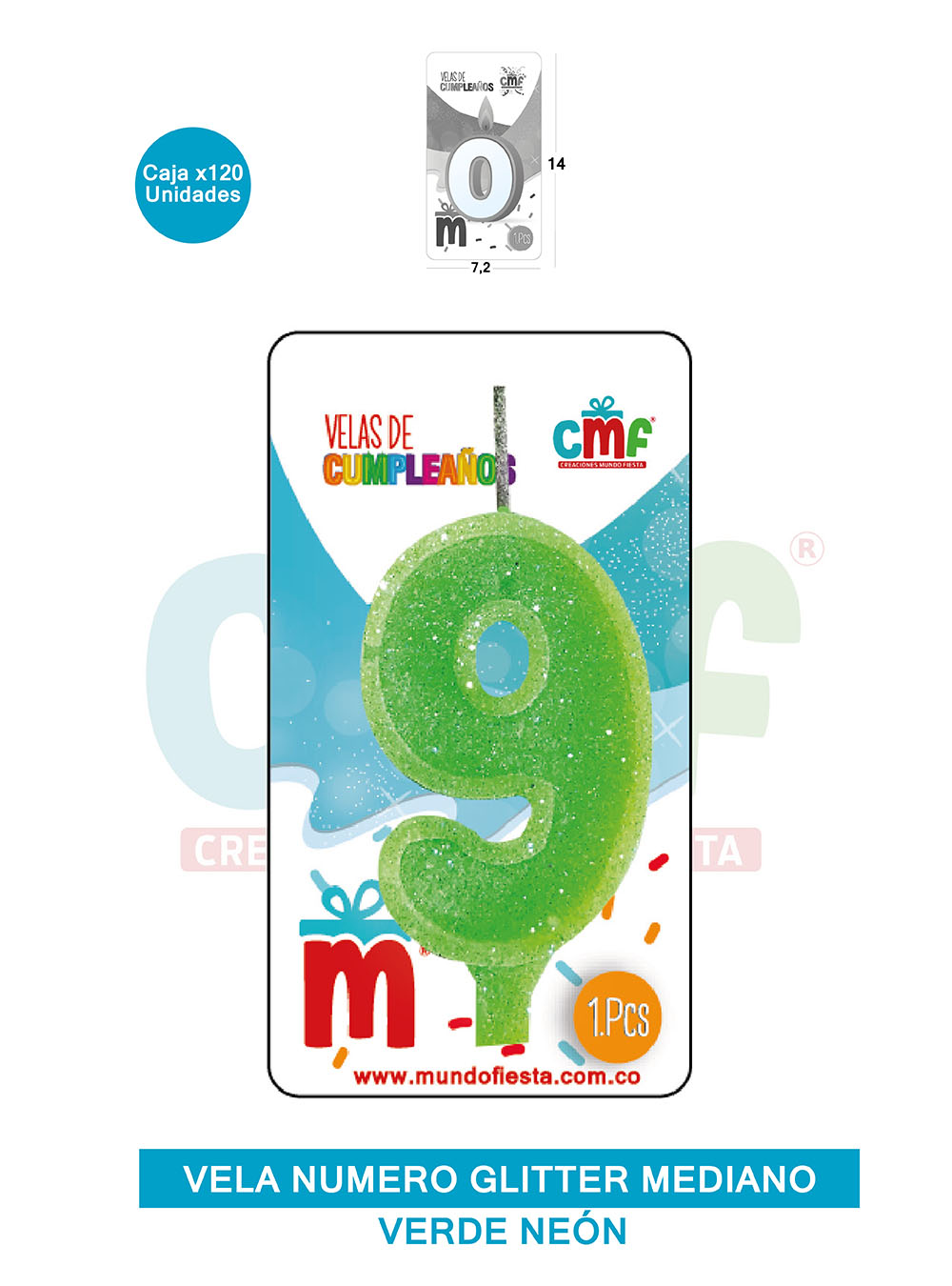 VELA ESCARCHADA  NUMERO MEDIANO VERDE NEON 9