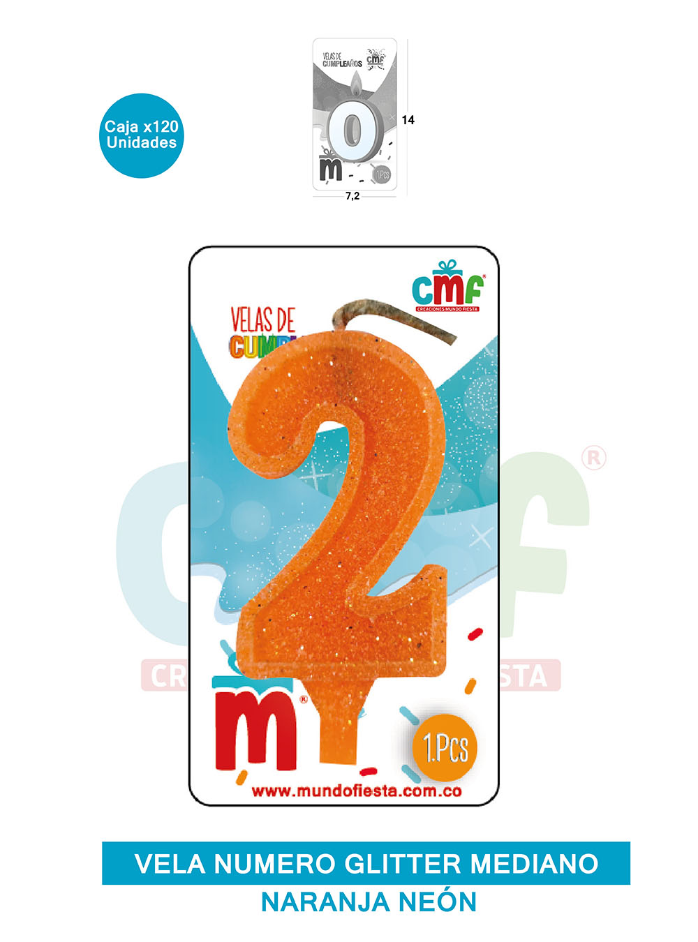 VELA ESCARCHADA  NUMERO MEDIANO NARANJA NEON 2