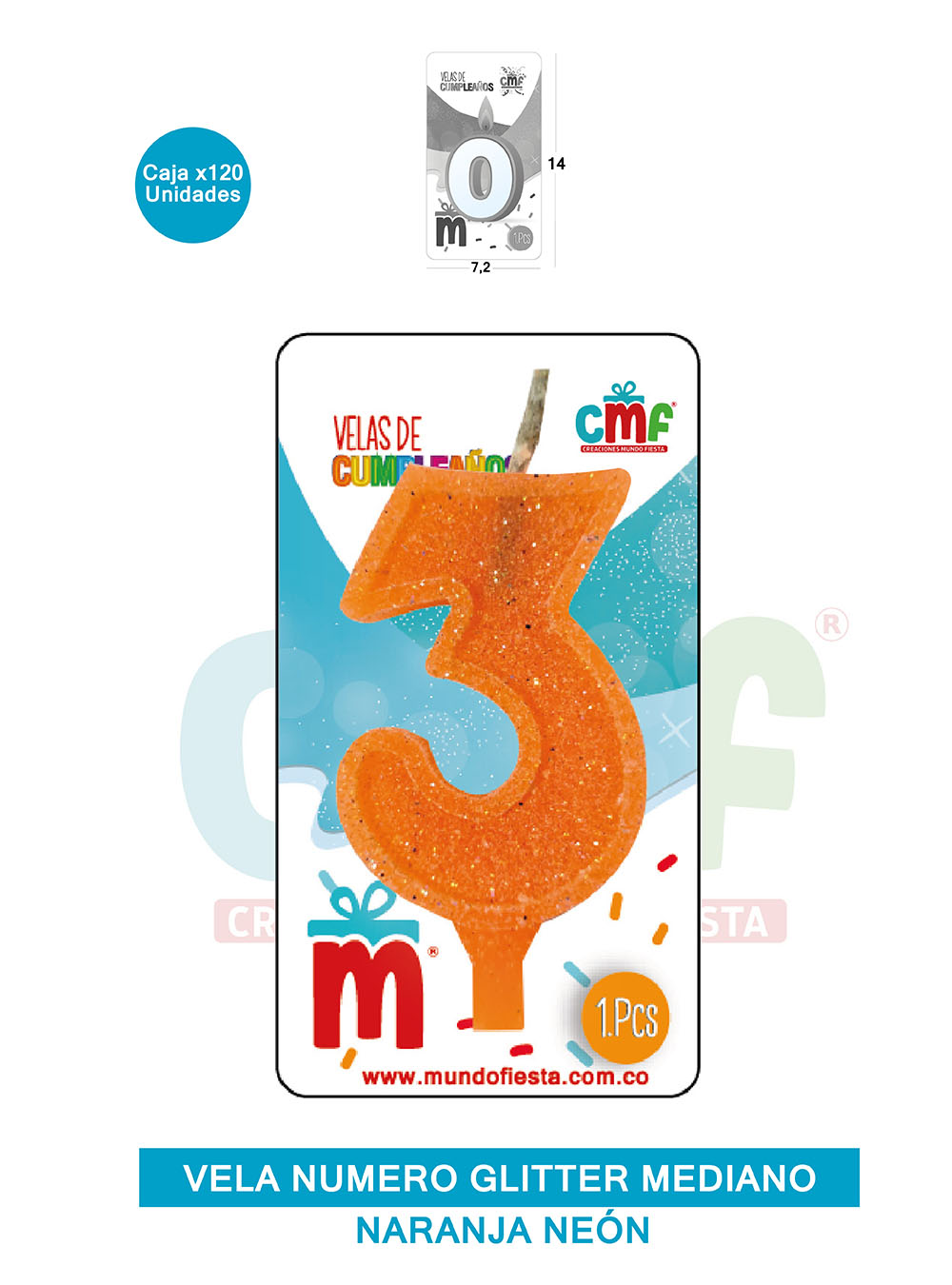 VELA ESCARCHADA  NUMERO MEDIANO NARANJA NEON 3