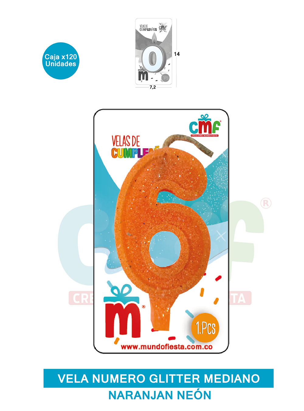 VELA ESCARCHADA  NUMERO MEDIANO NARANJA NEON 6