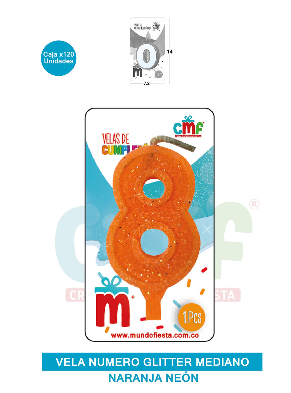 VELA ESCARCHADA  NUMERO MEDIANO NARANJA NEON 8