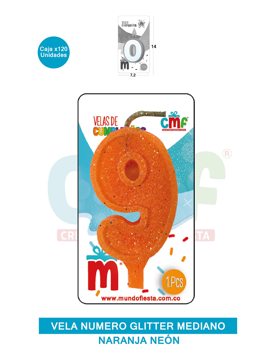 VELA ESCARCHADA  NUMERO MEDIANO NARANJA NEON 9