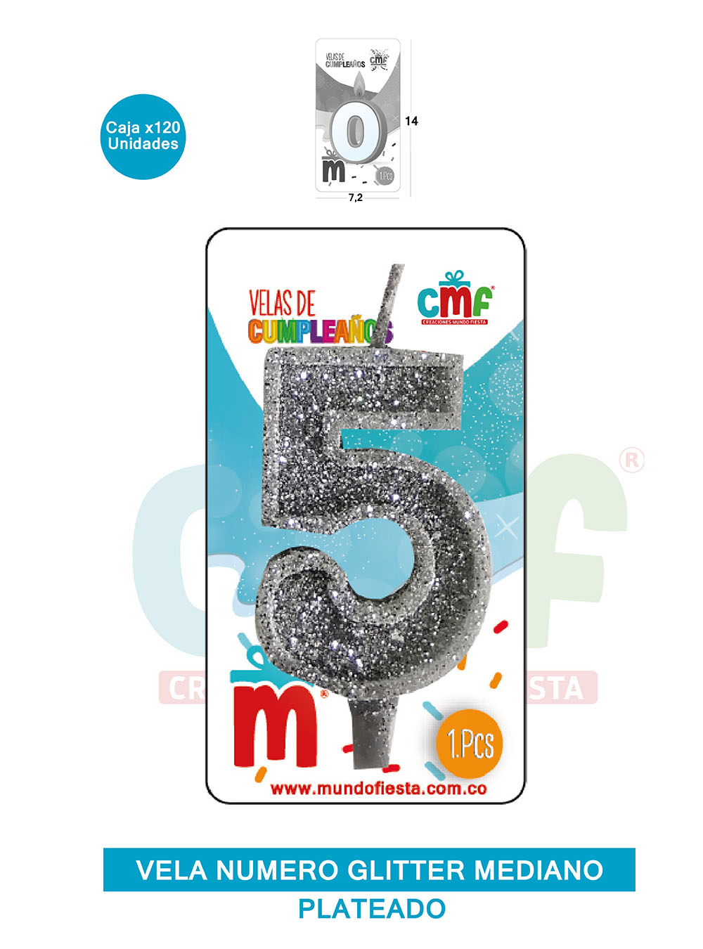 VELA ESCARCHADA  NUMERO MEDIANO PLATEADO 5