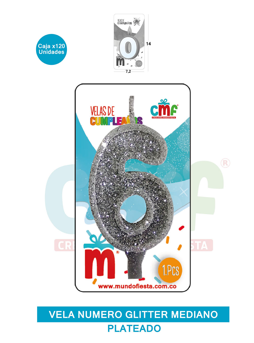 VELA ESCARCHADA  NUMERO MEDIANO PLATEADO 6