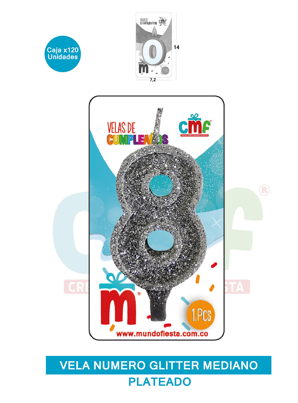 VELA ESCARCHADA  NUMERO MEDIANO PLATEADO 8