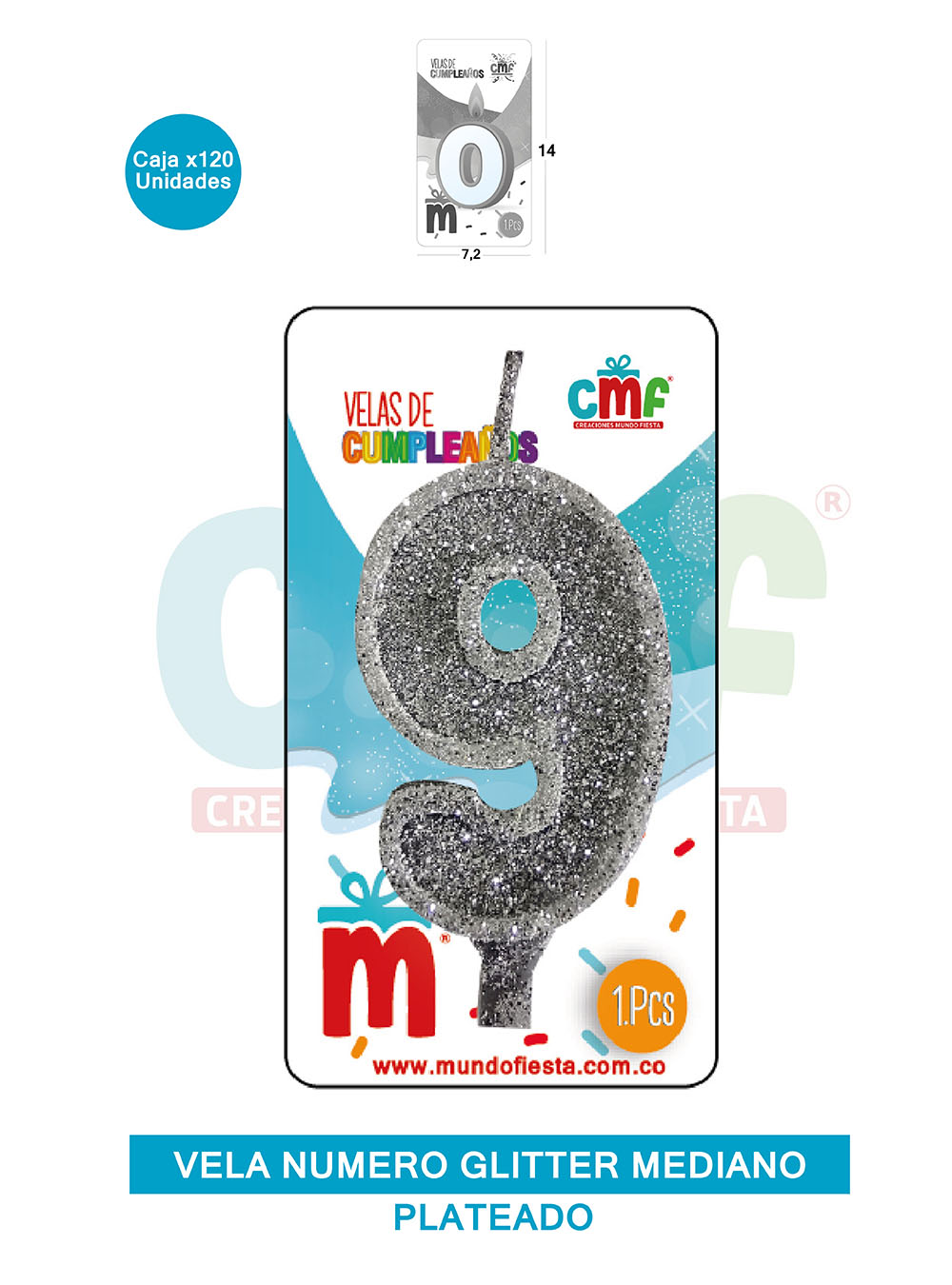 VELA ESCARCHADA  NUMERO MEDIANO PLATEADO 9