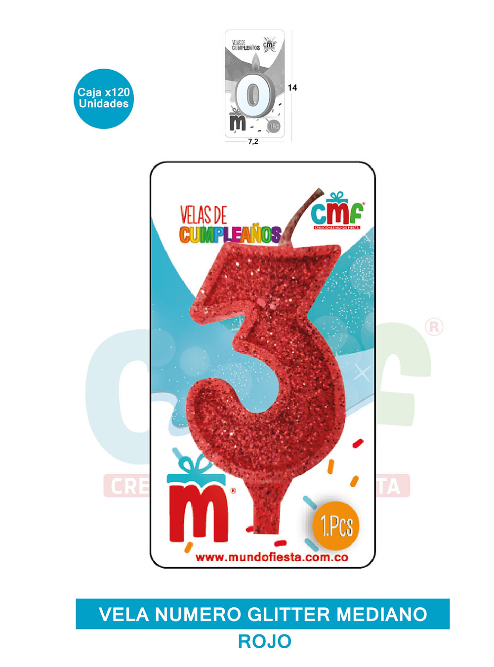 VELA ESCARCHADA  NUMERO MEDIANO ROJO 3