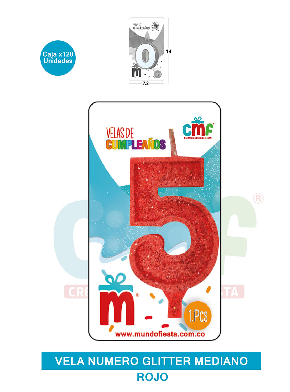 VELA ESCARCHADA  NUMERO MEDIANO ROJO 5