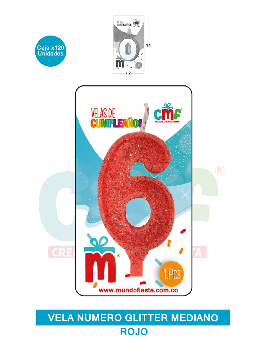 VELA ESCARCHADA  NUMERO MEDIANO ROJO 6