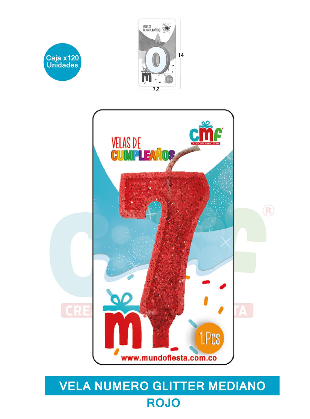 VELA ESCARCHADA  NUMERO MEDIANO ROJO 7