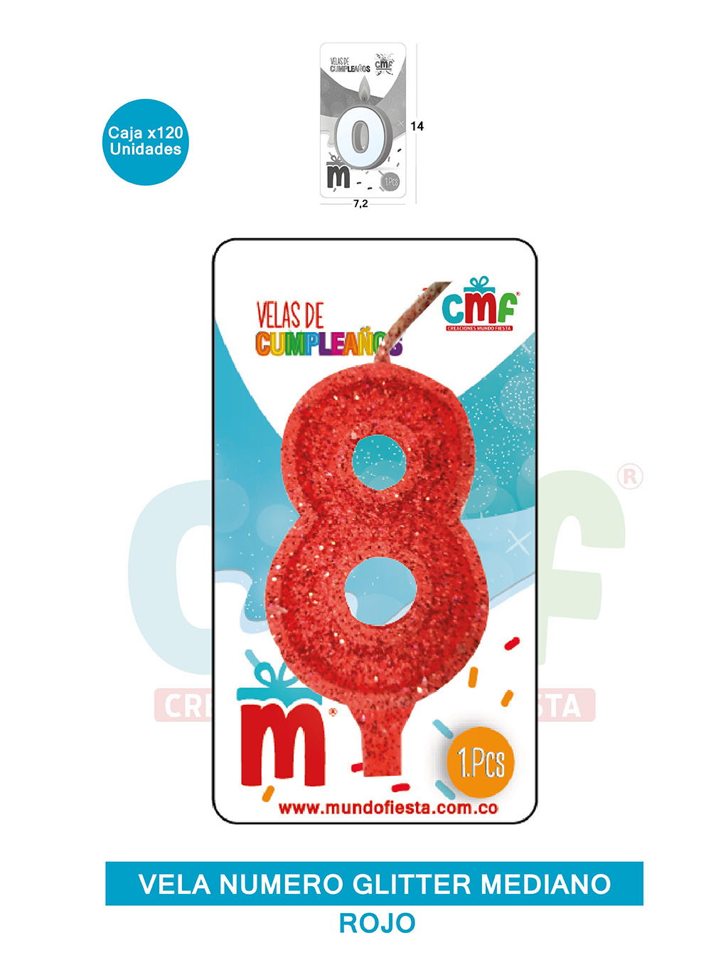 VELA ESCARCHADA  NUMERO MEDIANO ROJO 8