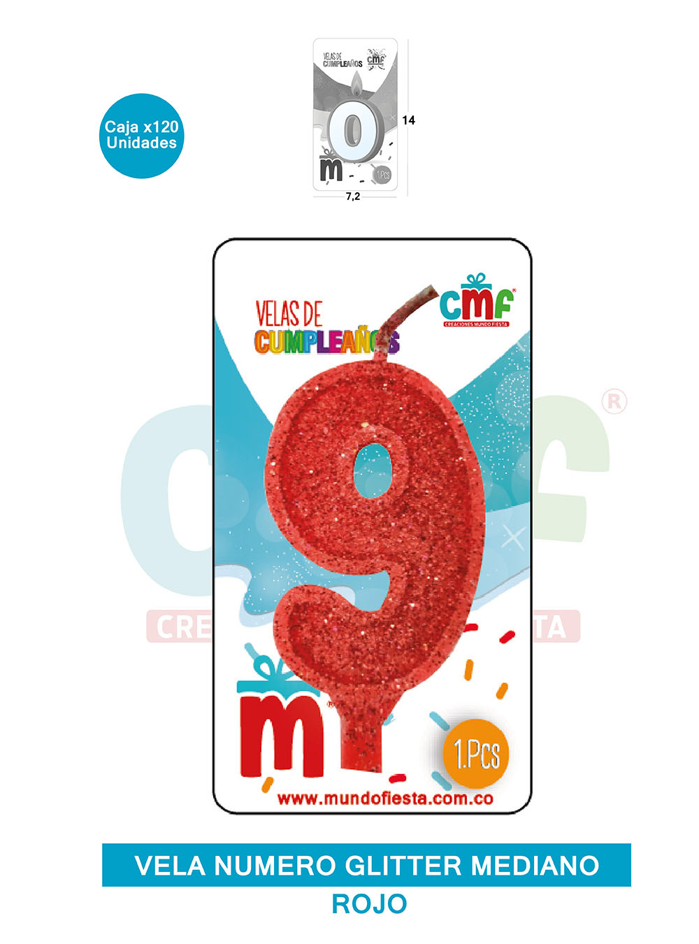 VELA ESCARCHADA  NUMERO MEDIANO ROJO 9