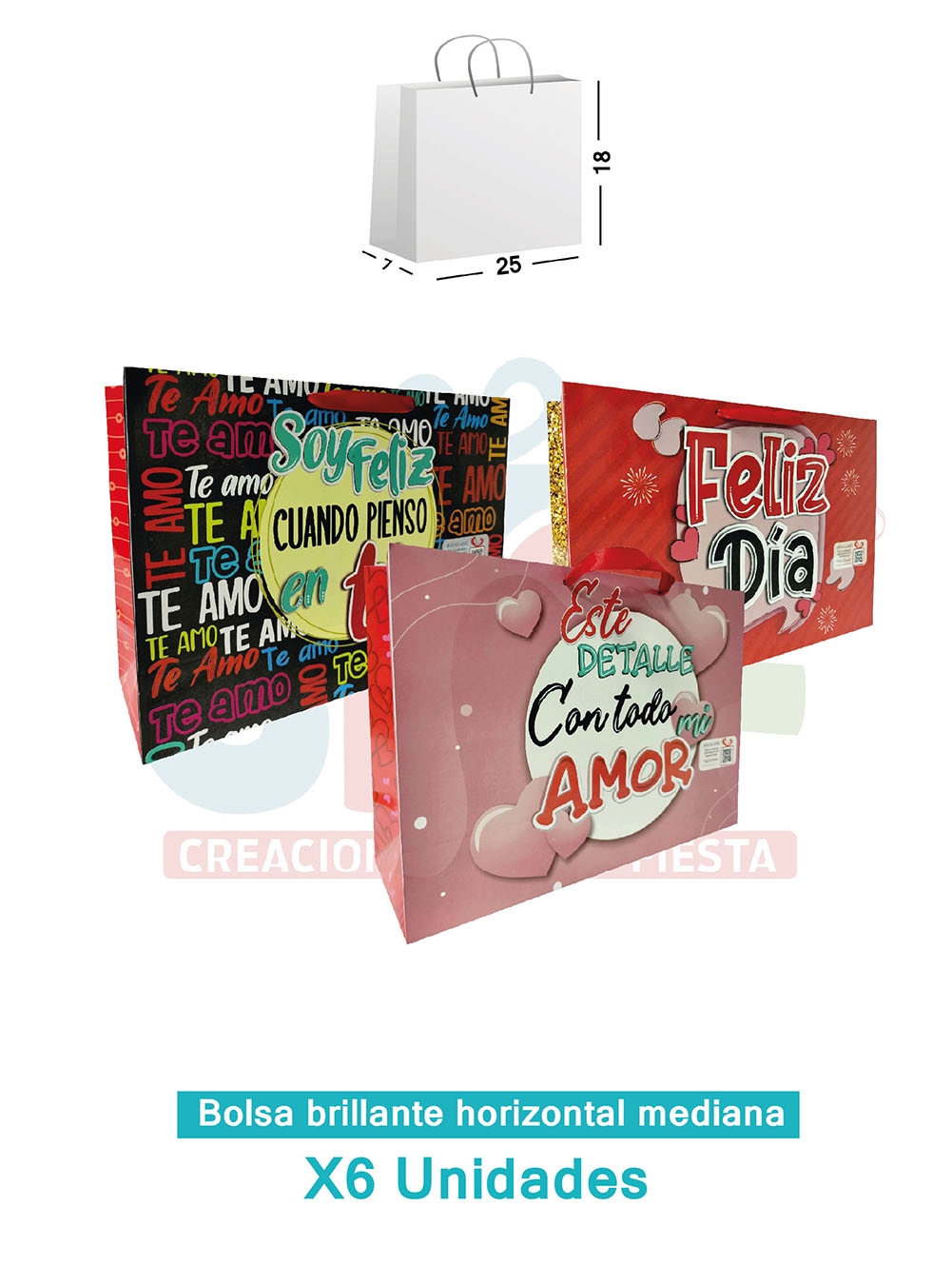 BOLSA BRILLANTE X6 MEDIANA  AMOR HORIZONTAL