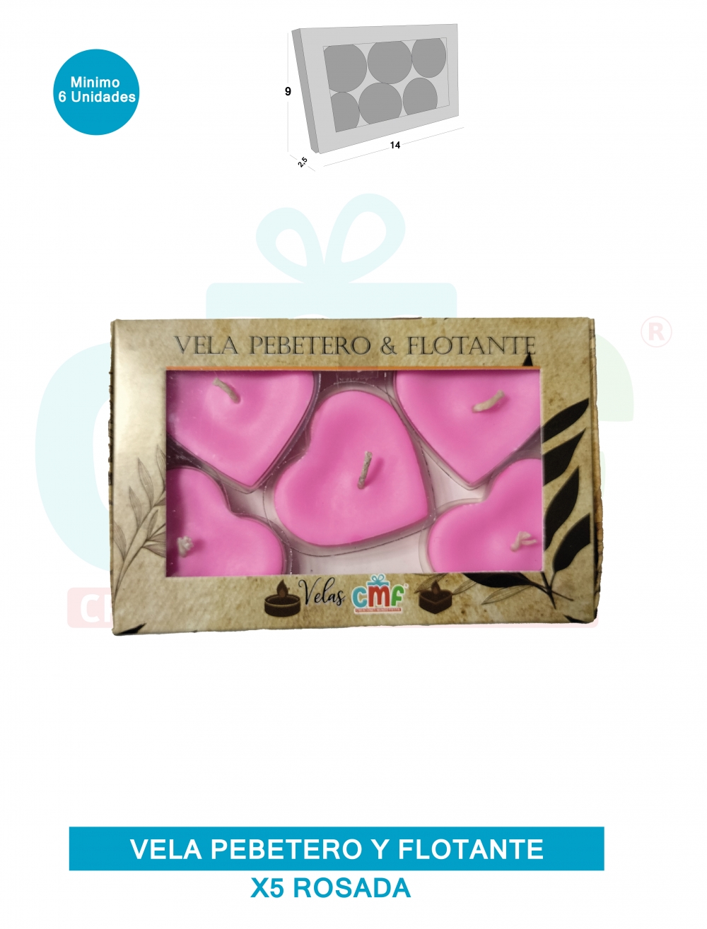 VELA PEBETERO Y FLOTANTE  VELA GRANDE X5 CORAZON ROSADO