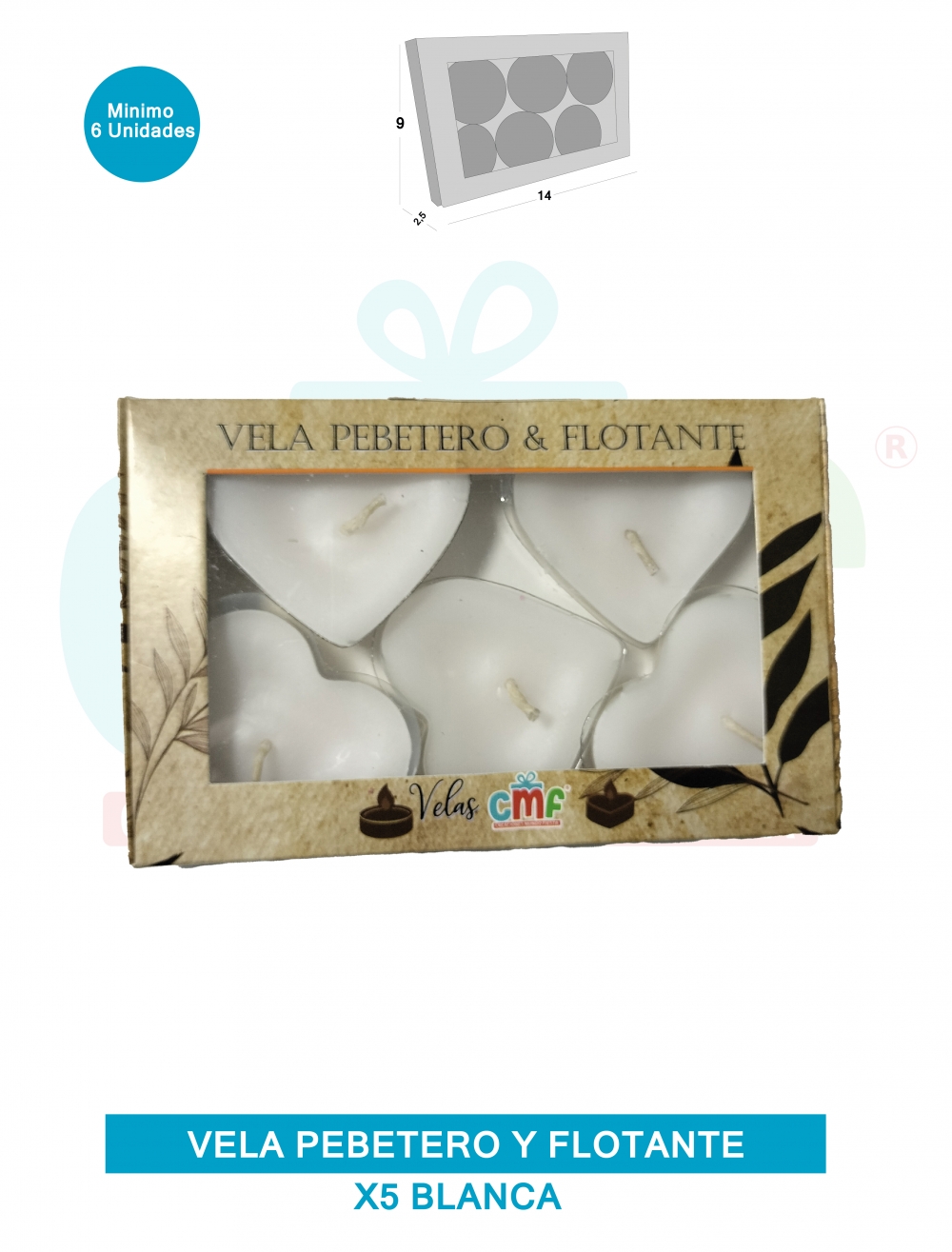 VELA PEBETERO Y FLOTANTE  VELA GRANDE X5 CORAZON BLANCO