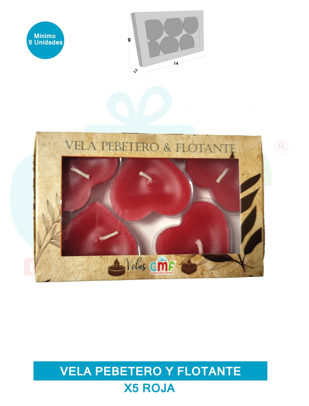 VELA PEBETERO Y FLOTANTE  VELA GRANDE X5 CORAZON ROJO