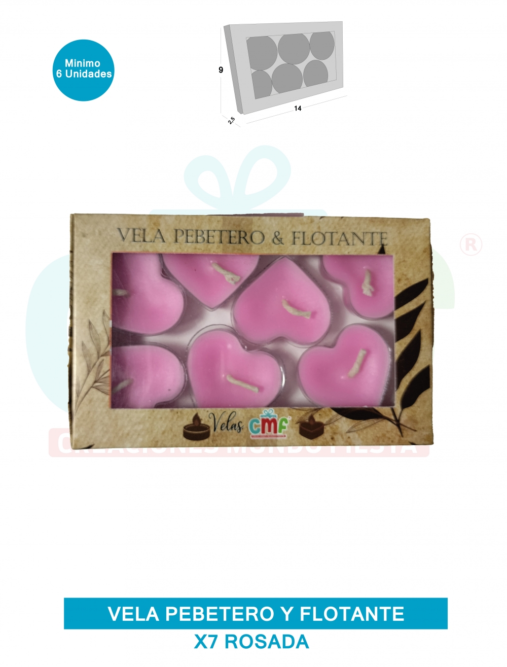 VELA PEBETERO Y FLOTANTE  VELA PEQUEÑA CORAZON X7 ROSADO