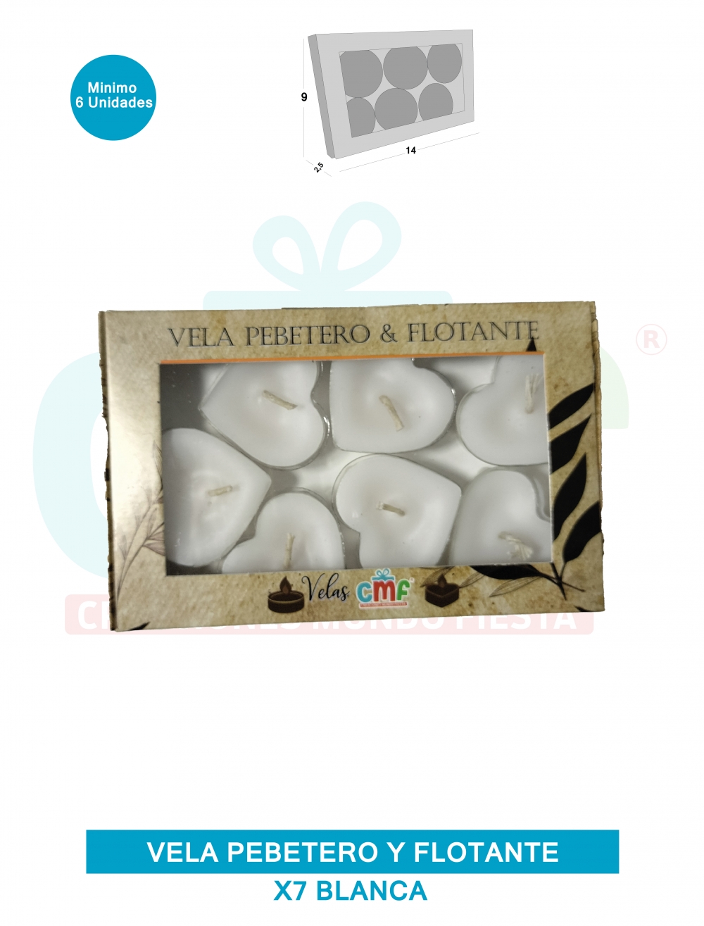 VELA PEBETERO Y FLOTANTE  VELA PEQUEÑA CORAZON X7 BLANCO