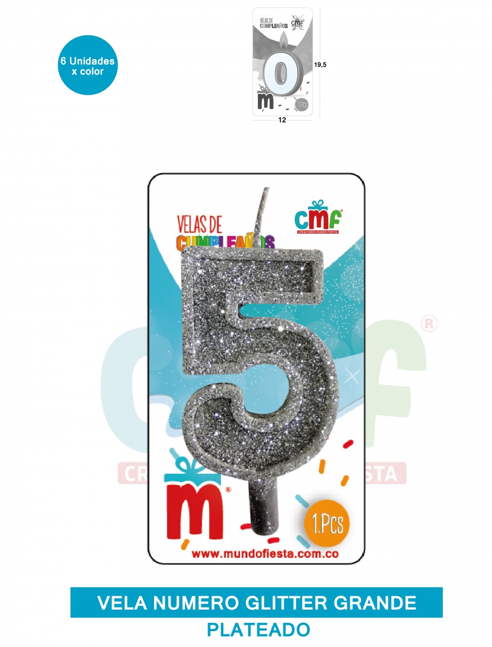 VELA ESCARCHADA NUMERO GRANDE  PLATEADO 5