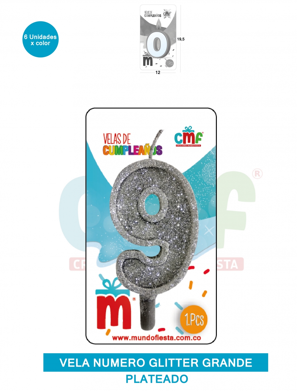 VELA ESCARCHADA NUMERO GRANDE  PLATEADO 9