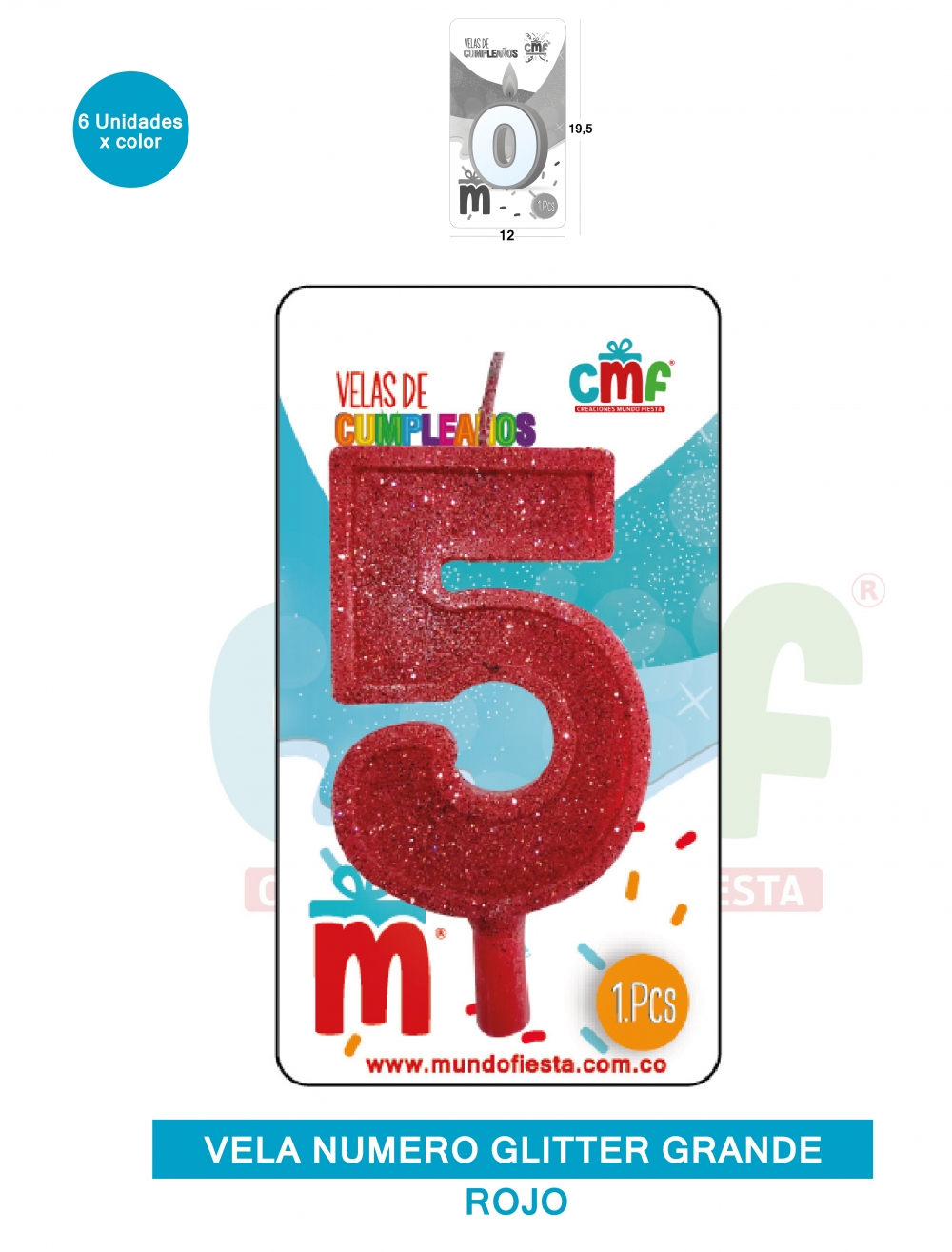 VELA ESCARCHADA NUMERO GRANDE  ROJO 5