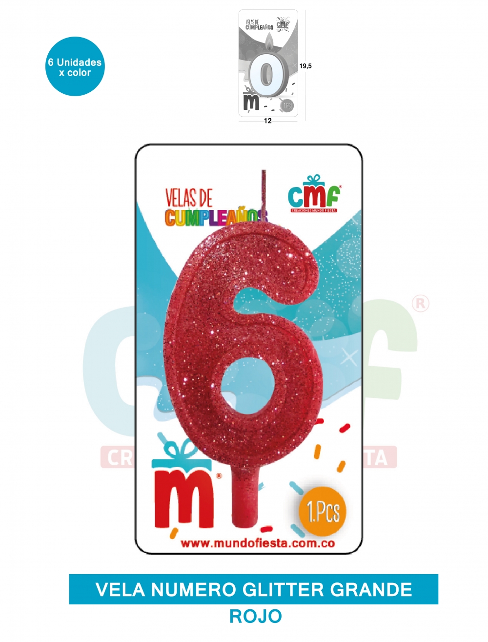 VELA ESCARCHADA NUMERO GRANDE  ROJO 6