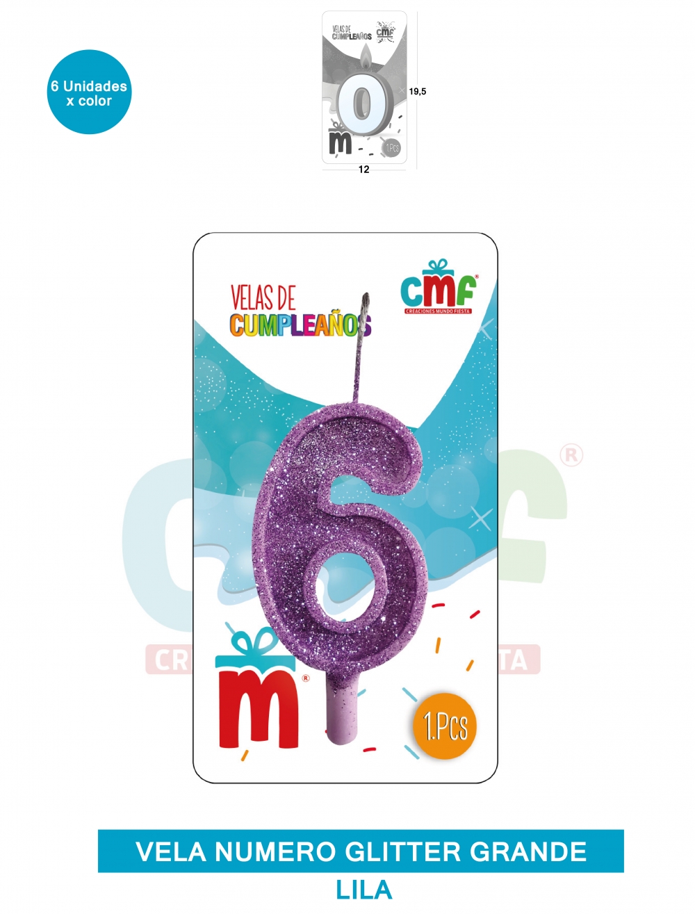 VELA ESCARCHADA NUMERO GRANDE  LILA 6