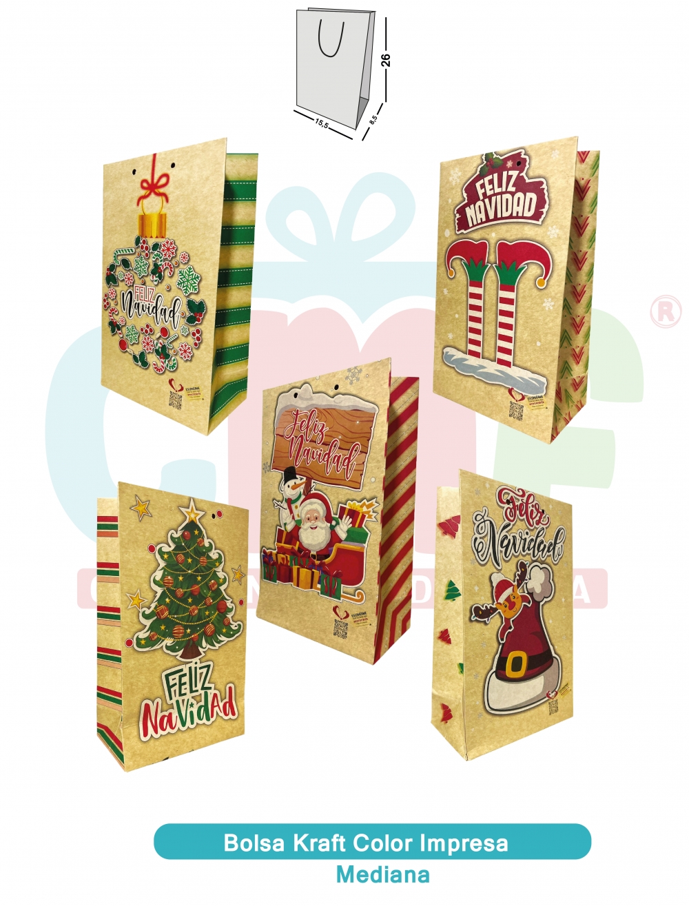 BOLSA KRAFT COLOR IMPRESA MEDIANA X10  NAVIDAD