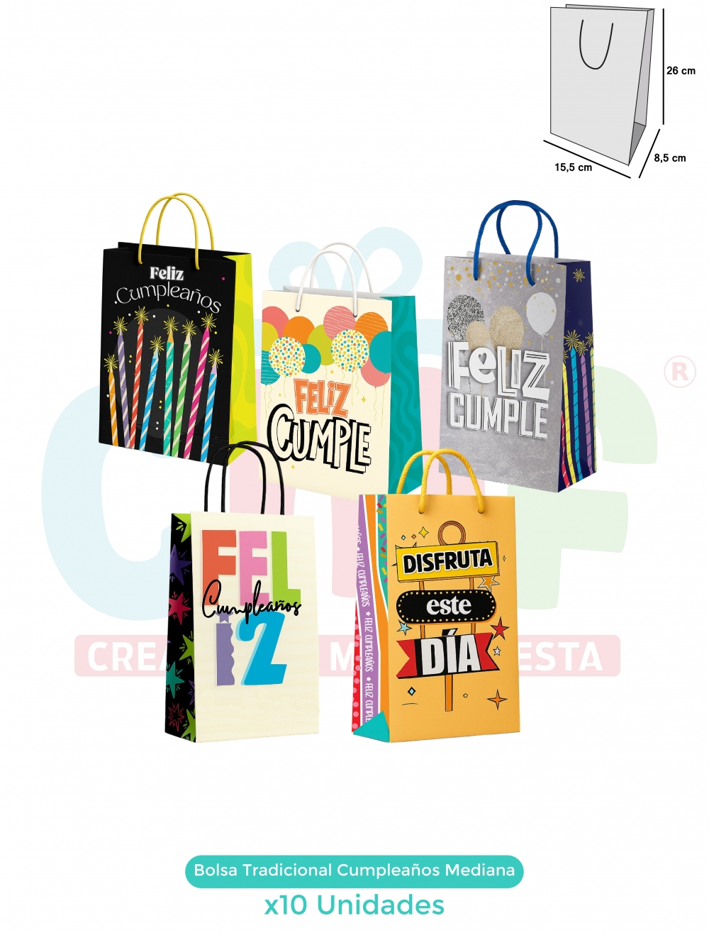 BOLSA REGALO TRADICIONAL MEDIANA X10 MEDIANA CUMPLEAÑOS