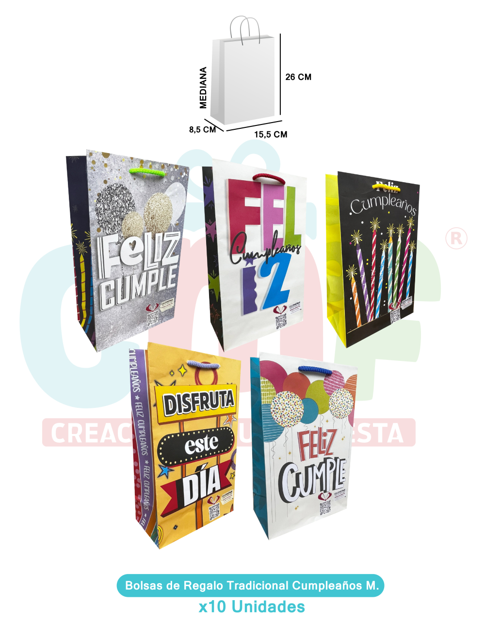 BOLSA REGALO TRADICIONAL MEDIANA X10 MEDIANA CUMPLEAÑOS