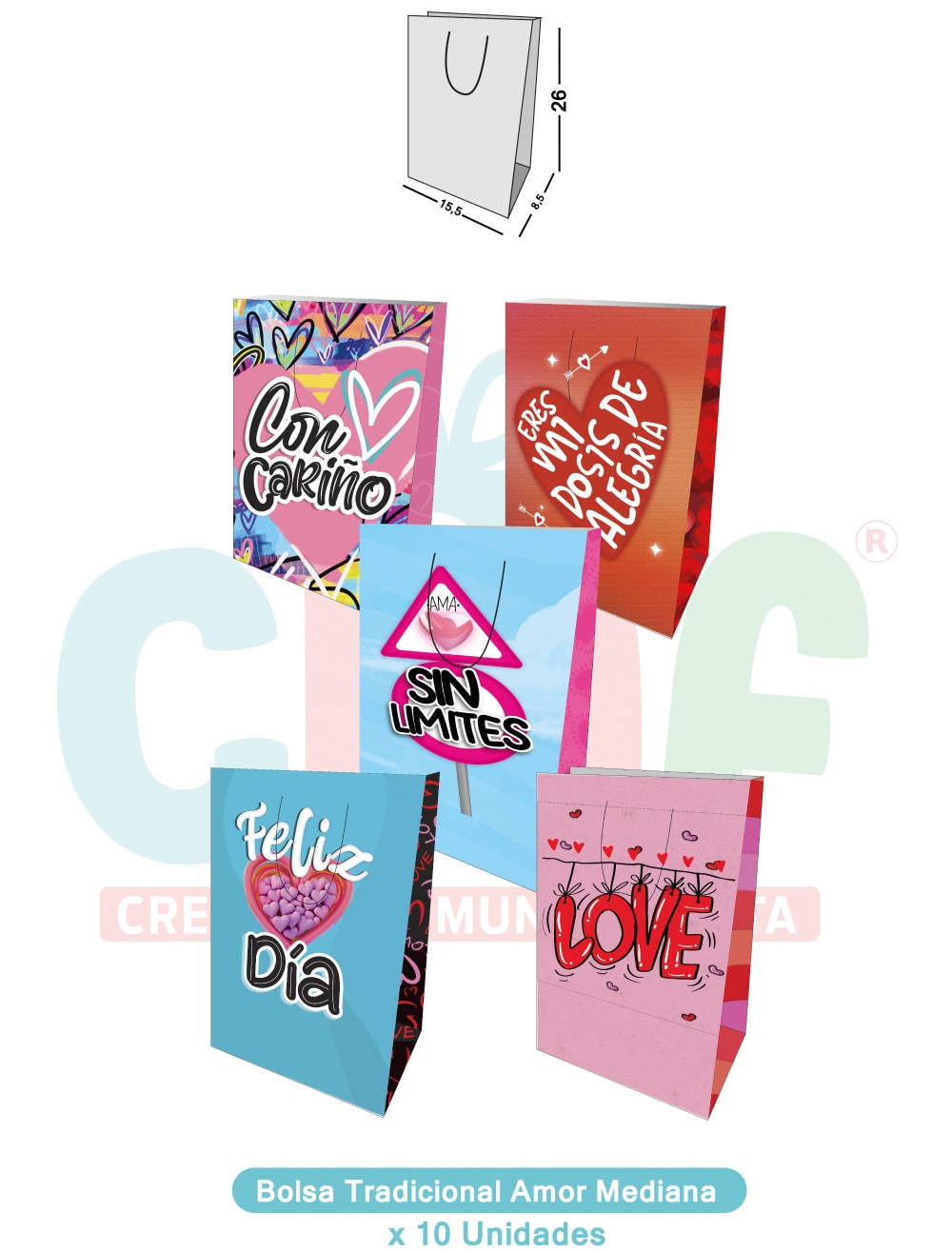 BOLSA REGALO TRADICIONAL MEDIANA X10 MEDIANA AMOR 